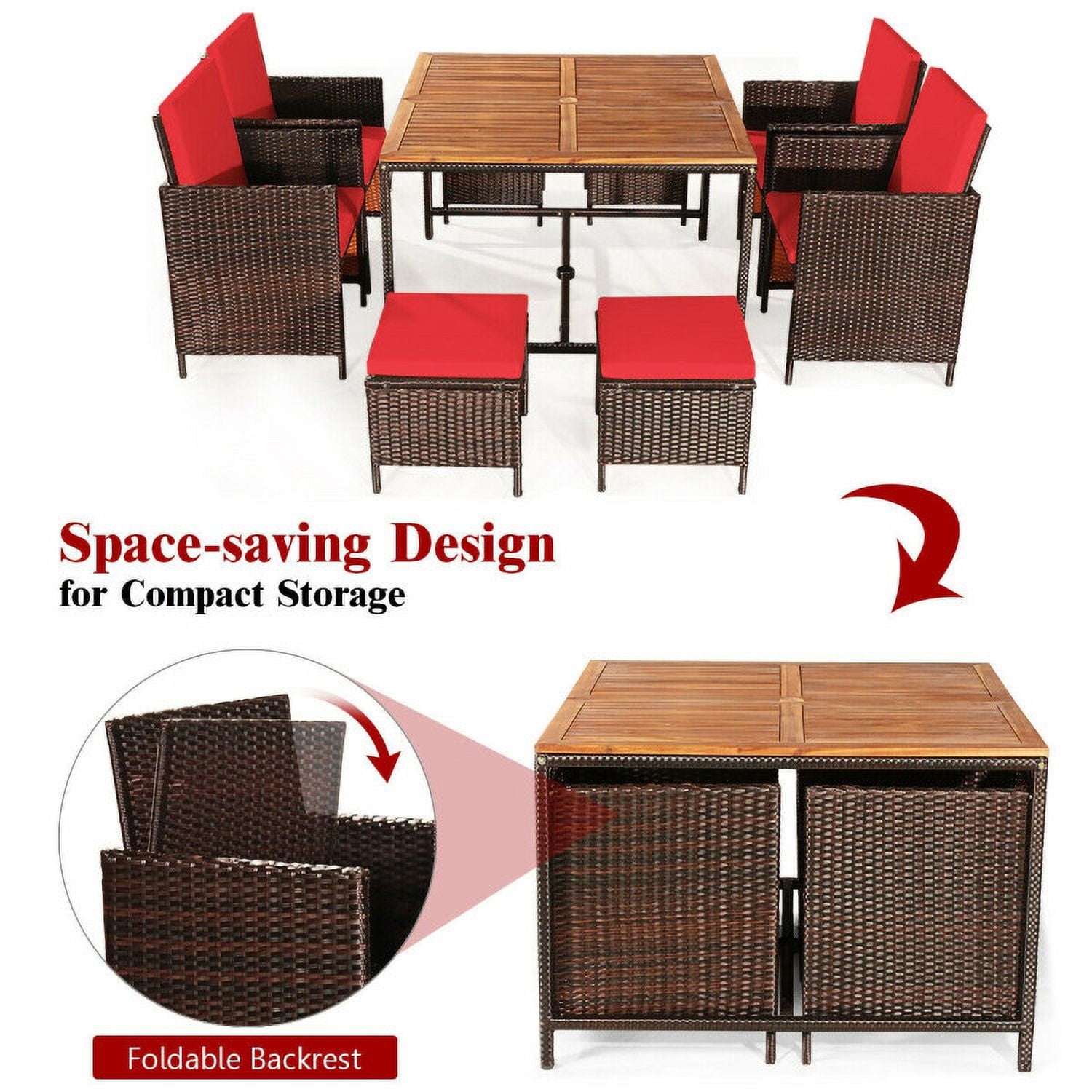 Aimee Lii 9 Pieces Patio Rattan Dining Cushioned Chairs Set, Outdoor Patio Furniture, Red Aimee Lii 9 Pieces Patio Rattan Dining Cushioned Chairs Set, Outdoor Patio Furniture, Red