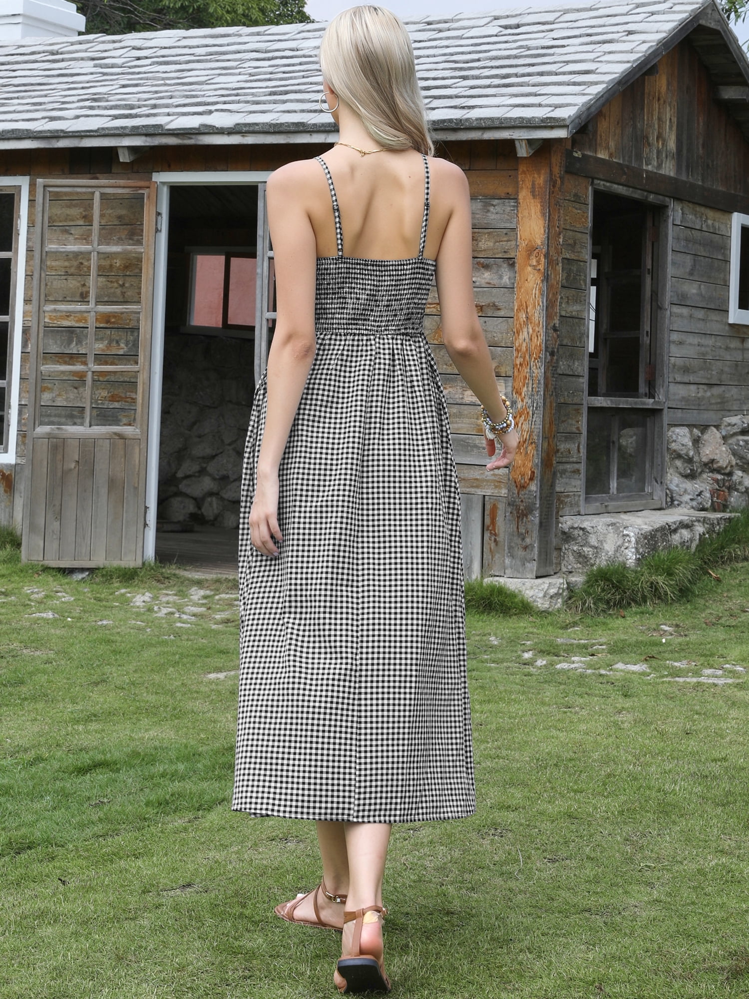 DARING DIVA Women's Gingham Spaghetti Strap Flowy Plaid Smocked Dress S Black
