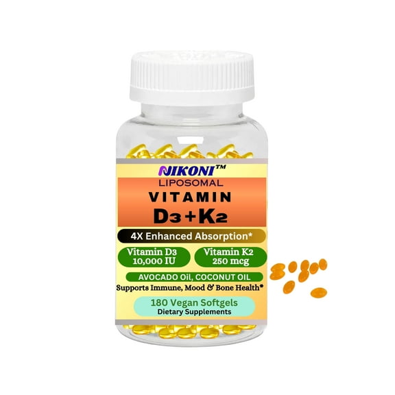 Nikoni Liposomal Vitamin D3 10,000IU   K2 Softgels Dietary Supplement, High Strength, 180 Vegan Softgels