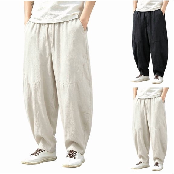 Mens Big & Tall Harem Pants Casual Elastic Waist Drawstring Baggy Hippie Trousers Cotton Linen Beach Boho Yoga Pants Size M-5XL White-A