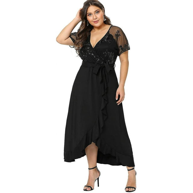 Robe Maxi Grande Taille à Taille Empire, à Volants, Fendue, Semi-Transparente, Unie, 3TG