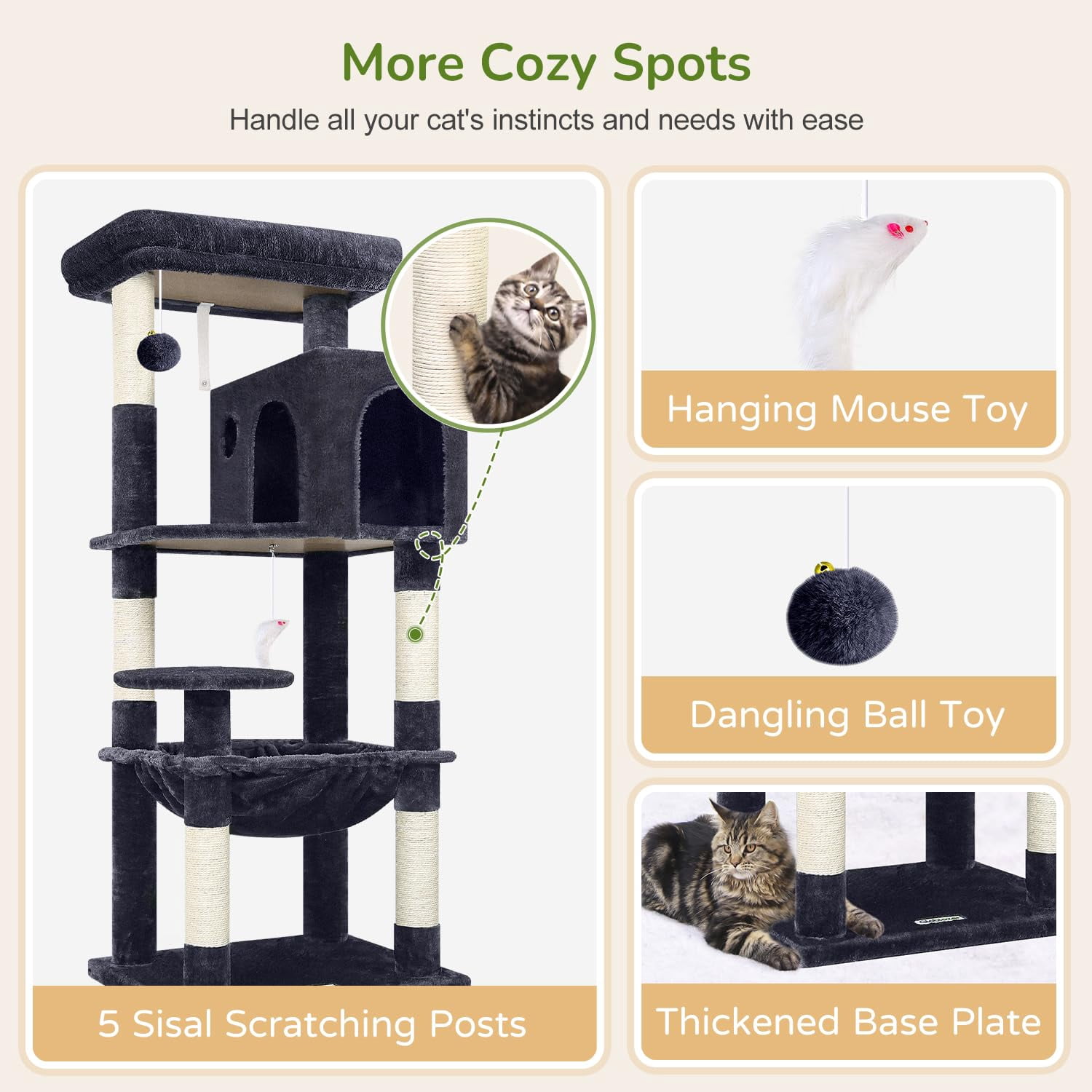 Cat Tree Tower With For Indoor Cats  53inch Tall Plush Multi-level Climbing Condo House Large Hammock Spacious Big Padded Top Perch F53 Dark Gray