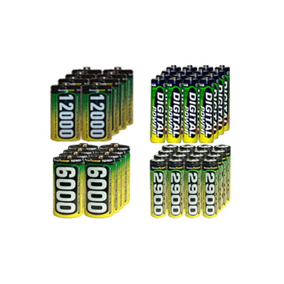 16 AA (2900 mAh) + 16 AAA (1200 mAh) + 8 C (6000 mAh) + 8 D (12000 mAh) NiMH AccuPower Batteries