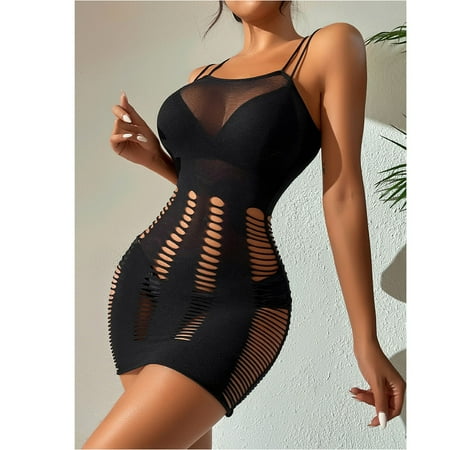 

DNDKILG Teddy Sleepwear for Women See Through Sexy Fishnet Chemise Nightgown See Through Lingerie Black One Size