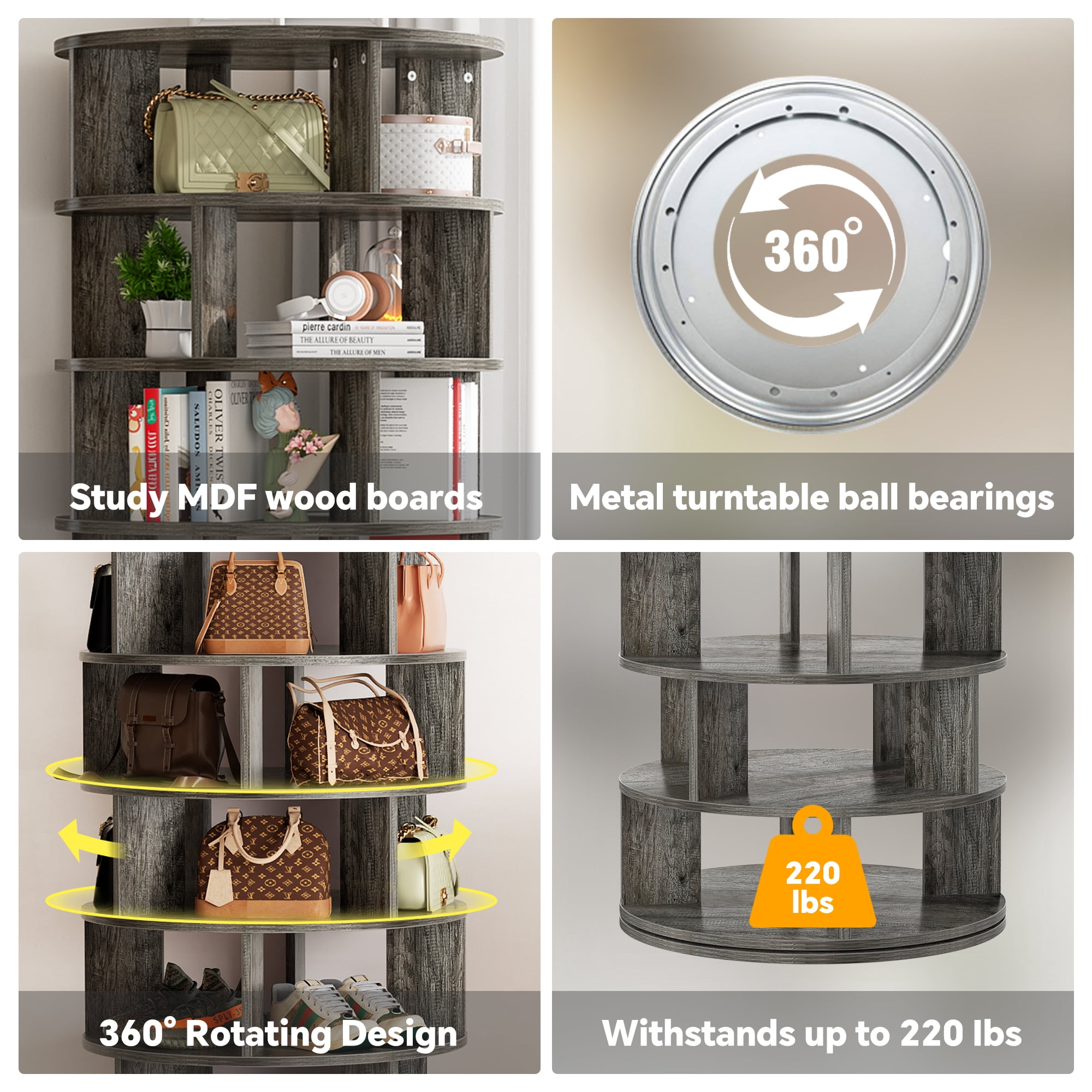 Aheaplus Rotating Shoe Rack Tower, 7-Tier Spinning Shoe Rack 360 Revolving Shoe Rack Organizer for Closet, Display Round Storage Carousel Shoes Closet Organization, Gray Oak