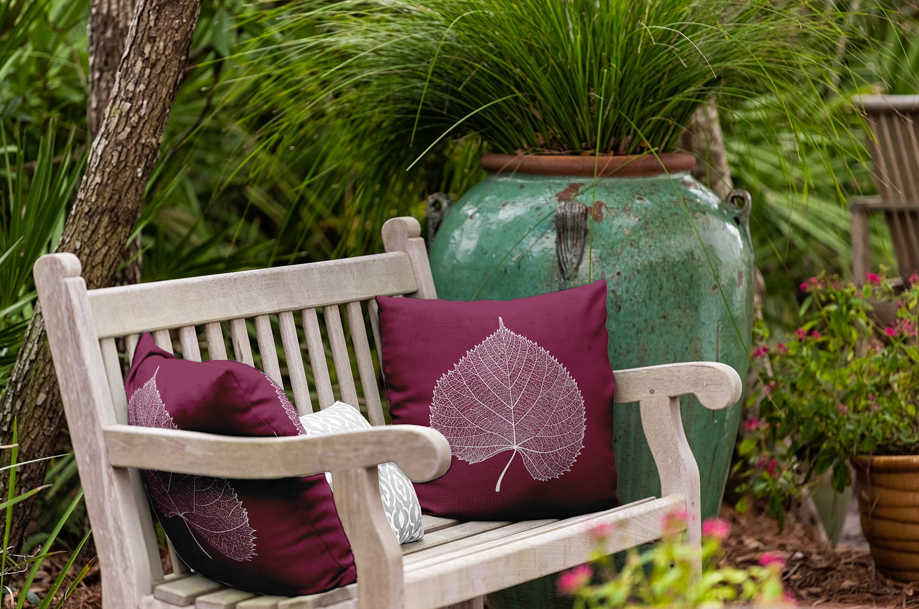 18" x 18" Simply Daisy Leaf Study Polyester Indoor/Outdoor Pillow, Plum Qty 1