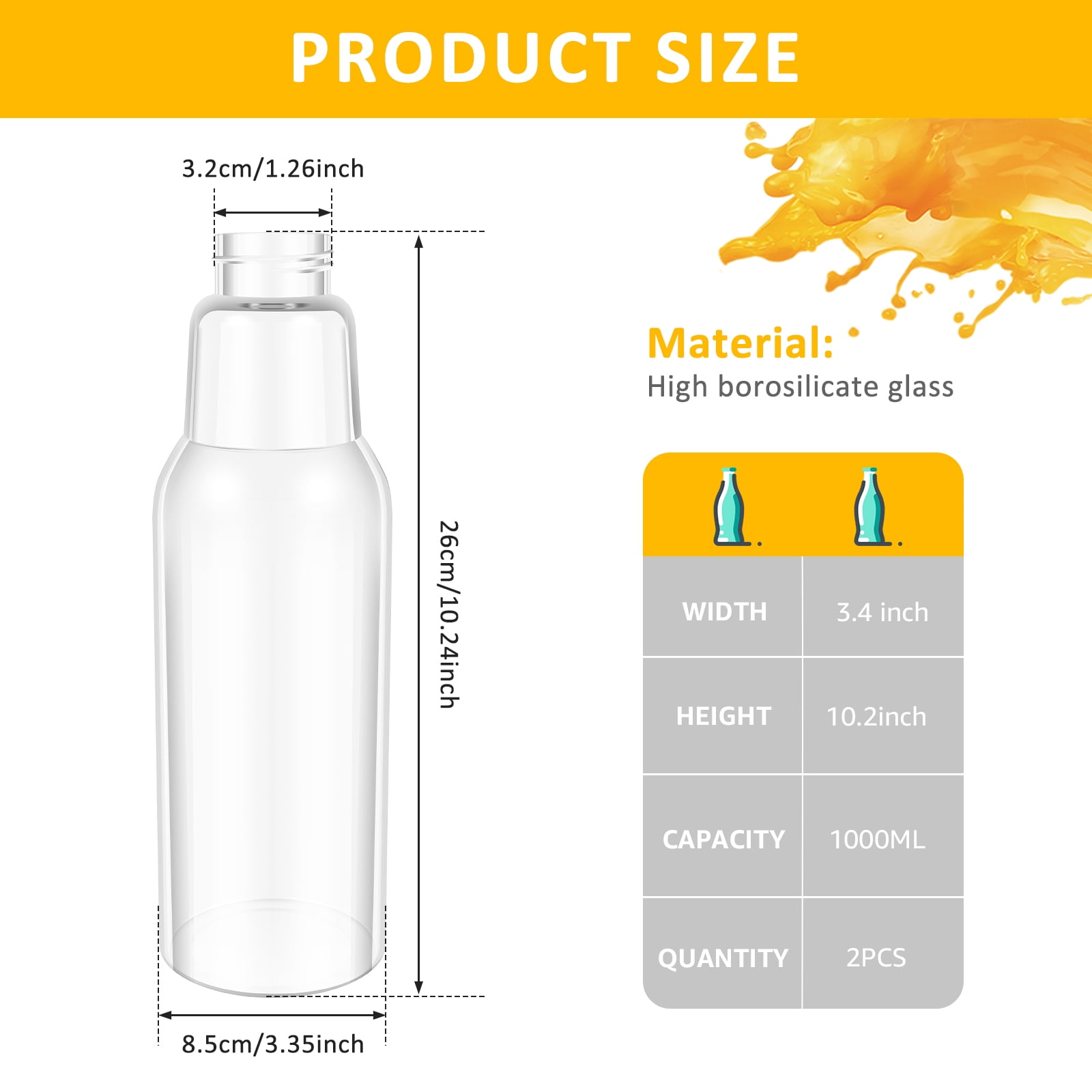 Clear Glass Bottles with Lids 34oz, Reusable Glass Water Bottles with Stainless Steel Cap for Juicing,Refrigerator,100% Leak Proof, BPA Free Eco Friendly,Set of 2