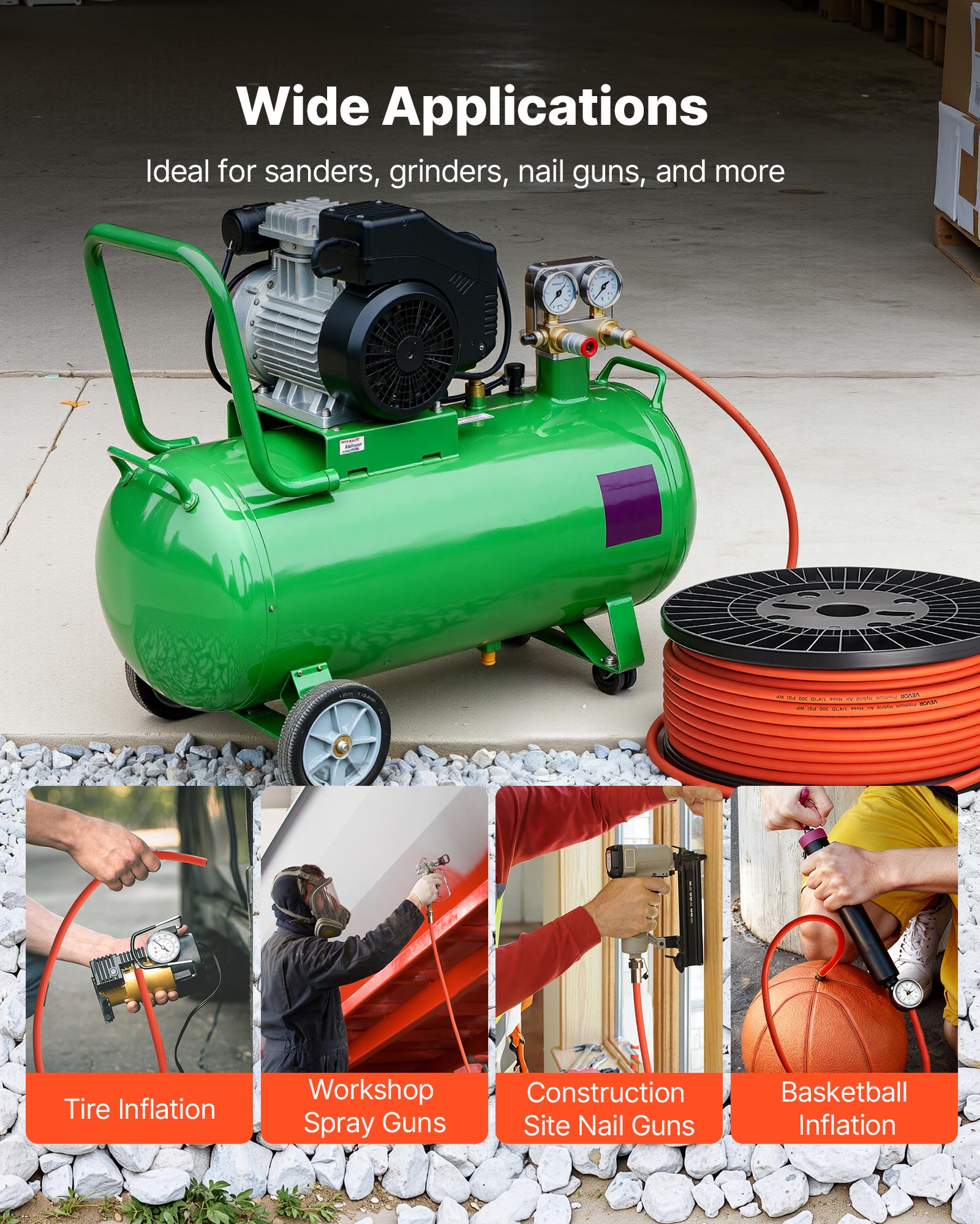 VEVOR Air Hose, 3/8'' x 250ft Hybrid Air Hose, Lightweight, Kink Resistant, Pneumatic Hoses with Three-Layer Hybrid Material for Auto, Home & Building, 300 PSI, All-Weather Flexibility, Orange