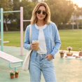 thumbnail image 4 of Dwellite Womens Cardigan Cropped Button Up Sweater Loose Fit Long Sleeve Polka Dot Comfy Crew Neck Fall Winter Knit Cardigan Jackets 2026 Sky Blue M, 4 of 7