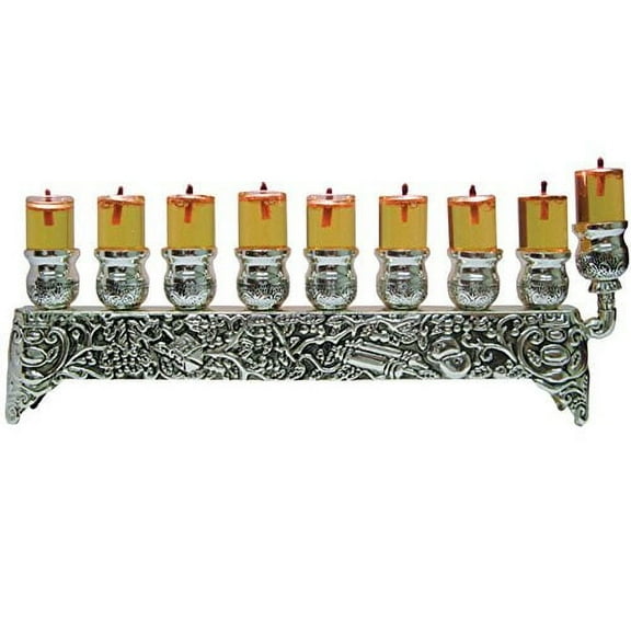 Ner Mitzvah, 3" High, Silver Plated Hannukah Oil Cups And Large Candles Menorah - Rustic Wall Style