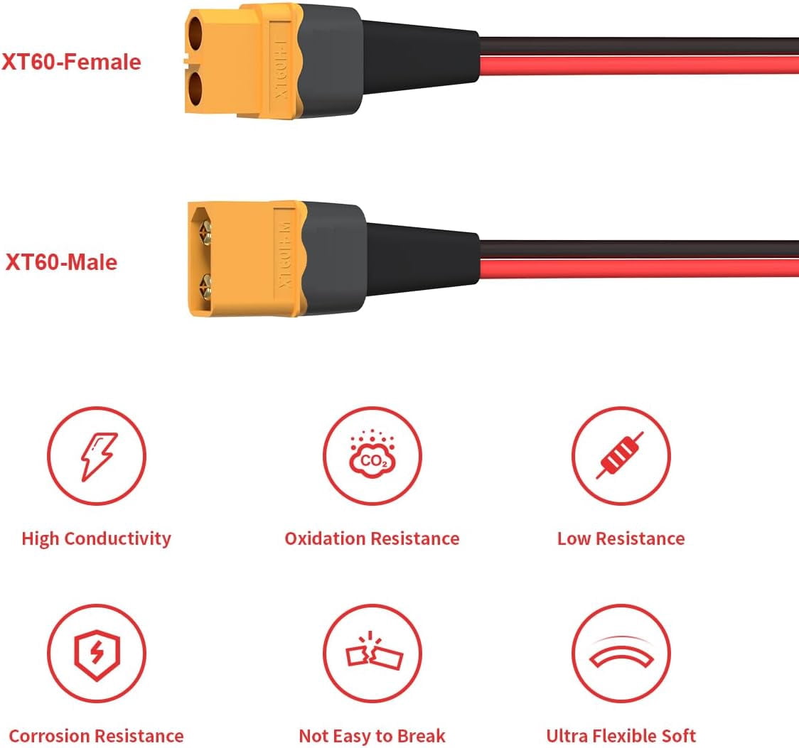 CoolStuff 10AWG 2FT XT60 Extension Cable 2 6 10 20 35 50 75 100FT XT60 Female to Male Connector for RC Battery Portable Power Station Solar Panel(2FT)