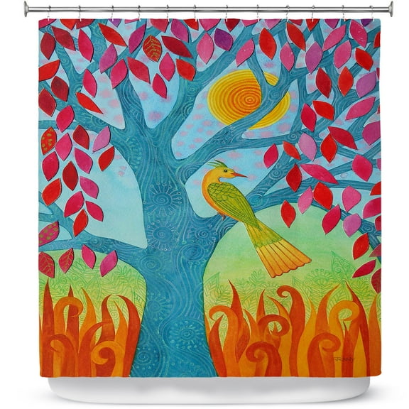 Shower Curtains 70" x 93" from DiaNoche Designs by Jennifer Baird - Bird In Red Leaf Tree