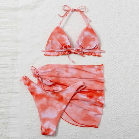 Women Swimwear 3 Piece Set Tie-Dye Halter Bikini Sarongs Cover Up Swimwear Swimsuit Beach