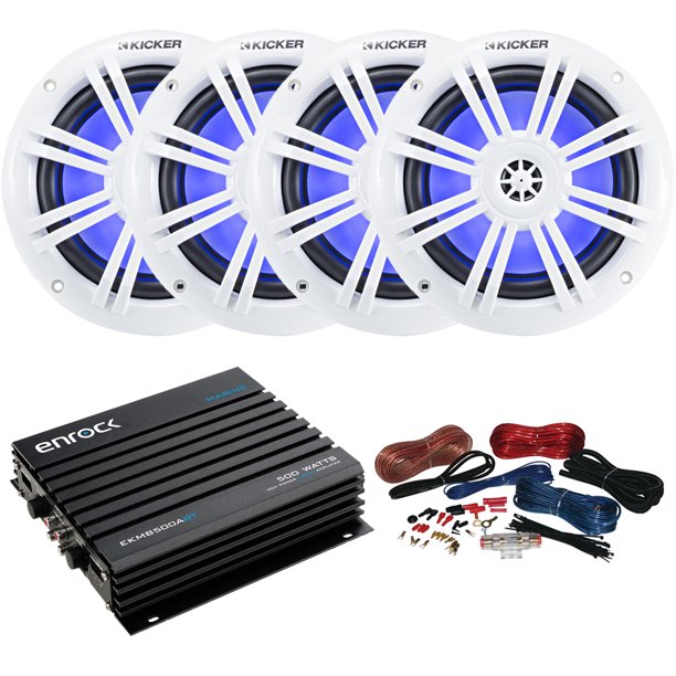 4 x Kicker 6.5" Marine Boat Coaxial White 150W LED Speakers Combo