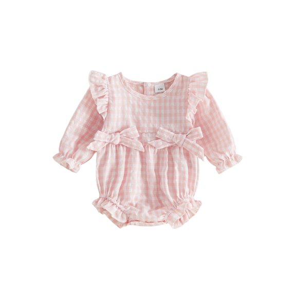 Cjfdfy Newborn Baby Girl Fall Romper Pink Gingham Long Sleeve Ruffle Bubble Bodysuit Baby Announcement Outfit Infant Cute Going Home Fall Winter Clothes 0-18M