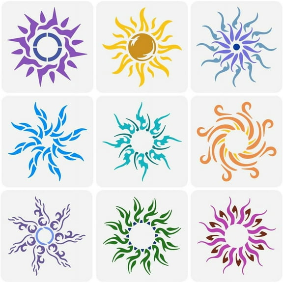 9 Pcs Tattoo Stencil - 5.9x5.9inch 9 Styles Reusable Sun Pattern Drawing Template DIY Craft Decoration Stencil for DIY Painting on Wood Wall Fabric Paper Furniture