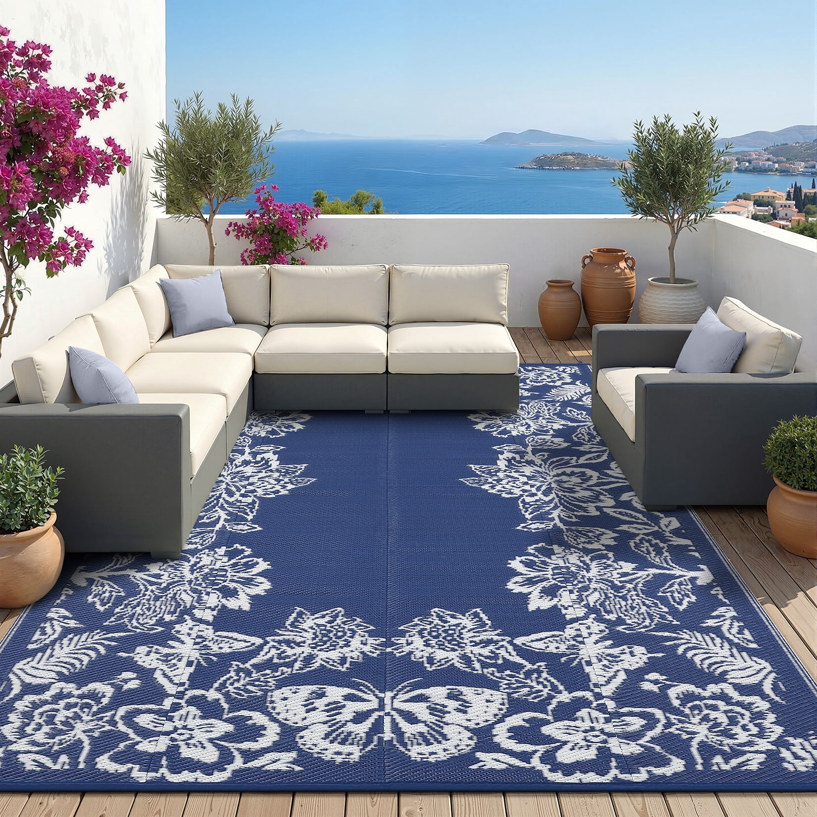 Nanan 9x12 Ft Outdoor Patio Rug, Plastic Straw Rug, Modern Waterproof Reversible Outdoor Rugs for Camping Picnic Backyard Balcony, Dark Blue