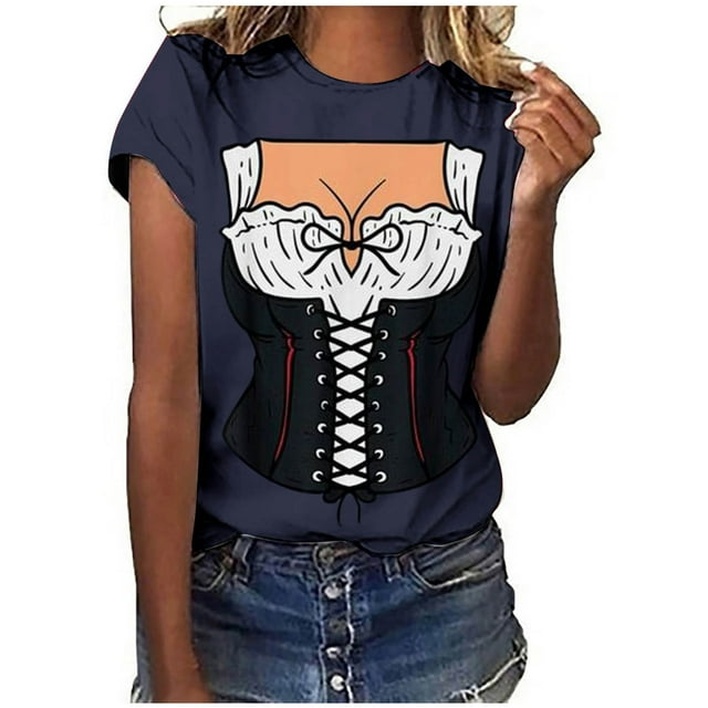 Pompotops Blouse Décontractée Mode Femme Ample Impression Oktoberfest Col Rond T-Shirt Blouse Imprimé Tee Liquidation