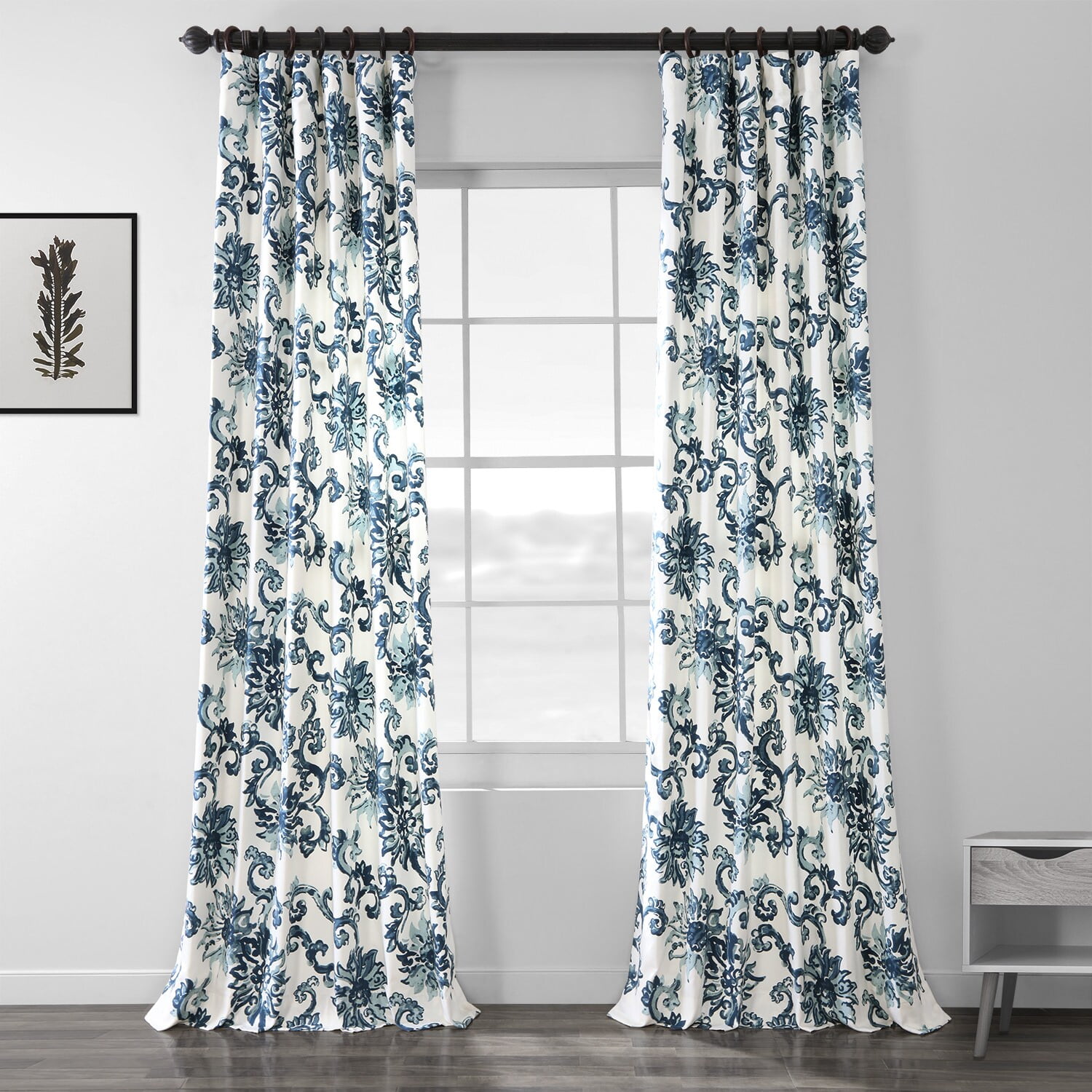 Indonesian Blue Printed Cotton Twill Curtain (1 Panel), Indonesian Blue, 50W X 84L