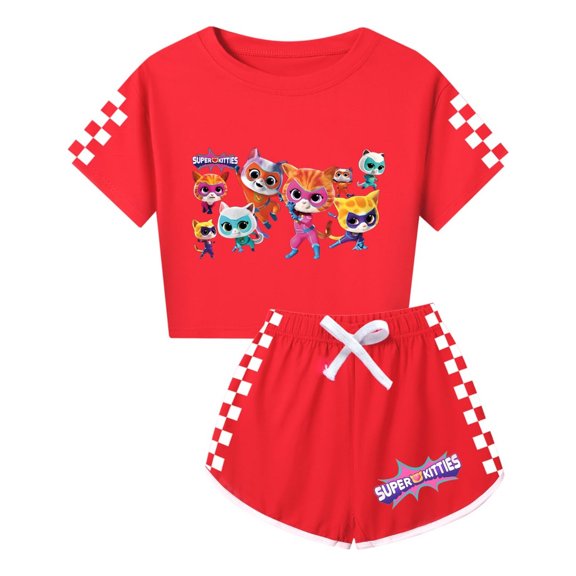 Girls Casual Summer T-Shirt Outfit Set– SuperKitties Cropped Top and Shorts – Kids Character Clothing