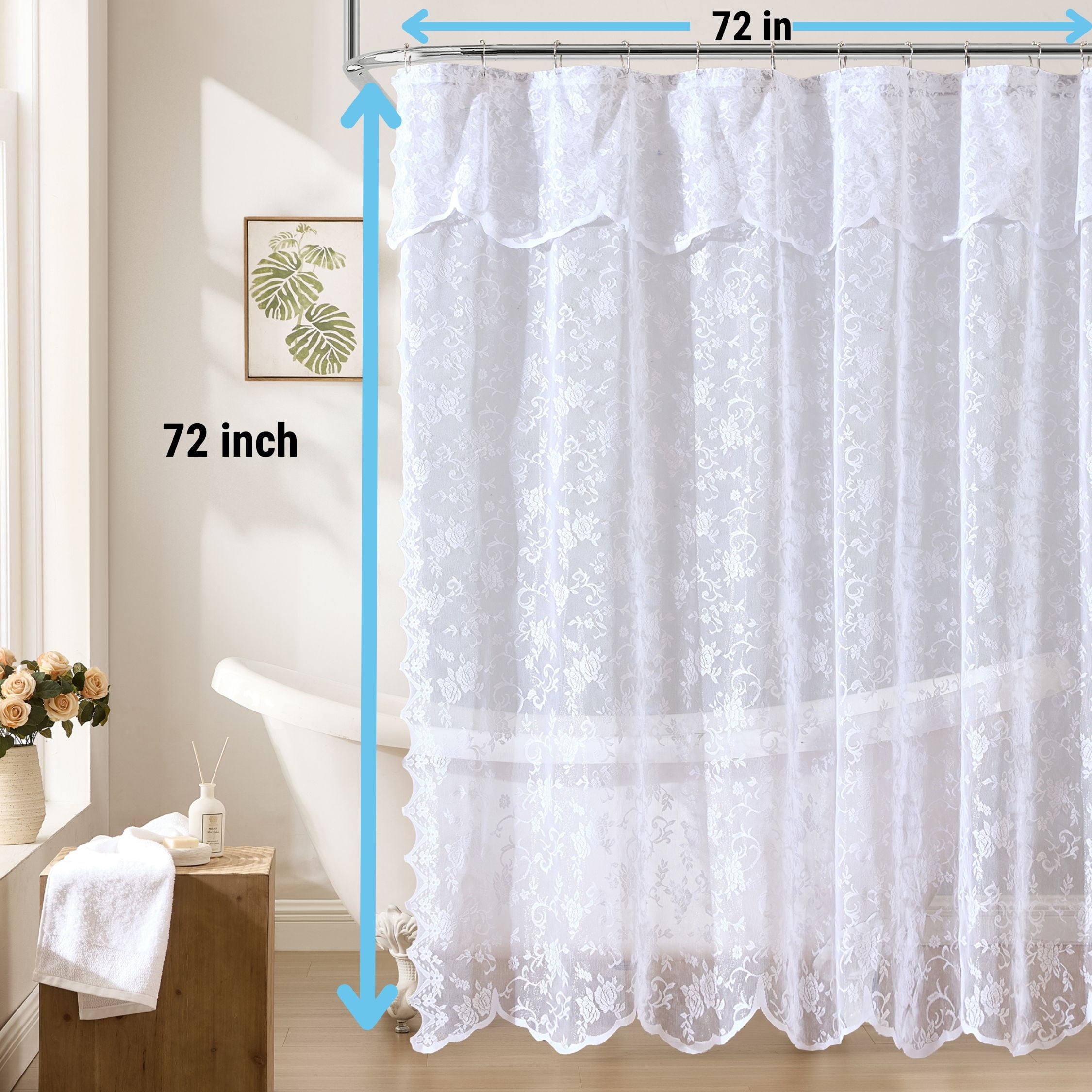 THD Harpy Lace Shower Curtain for Bathroom with Floral Vine Design and Attached Valance – Elegant Victorian Classic Style (White, 72 x 72 Inch)