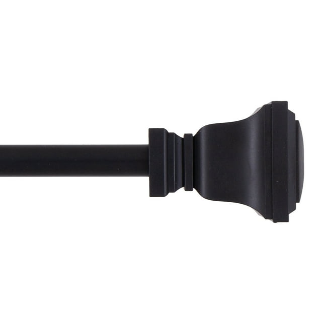 Black metal curtain rod featuring a square-shaped decorative finial, suitable for window treatments.