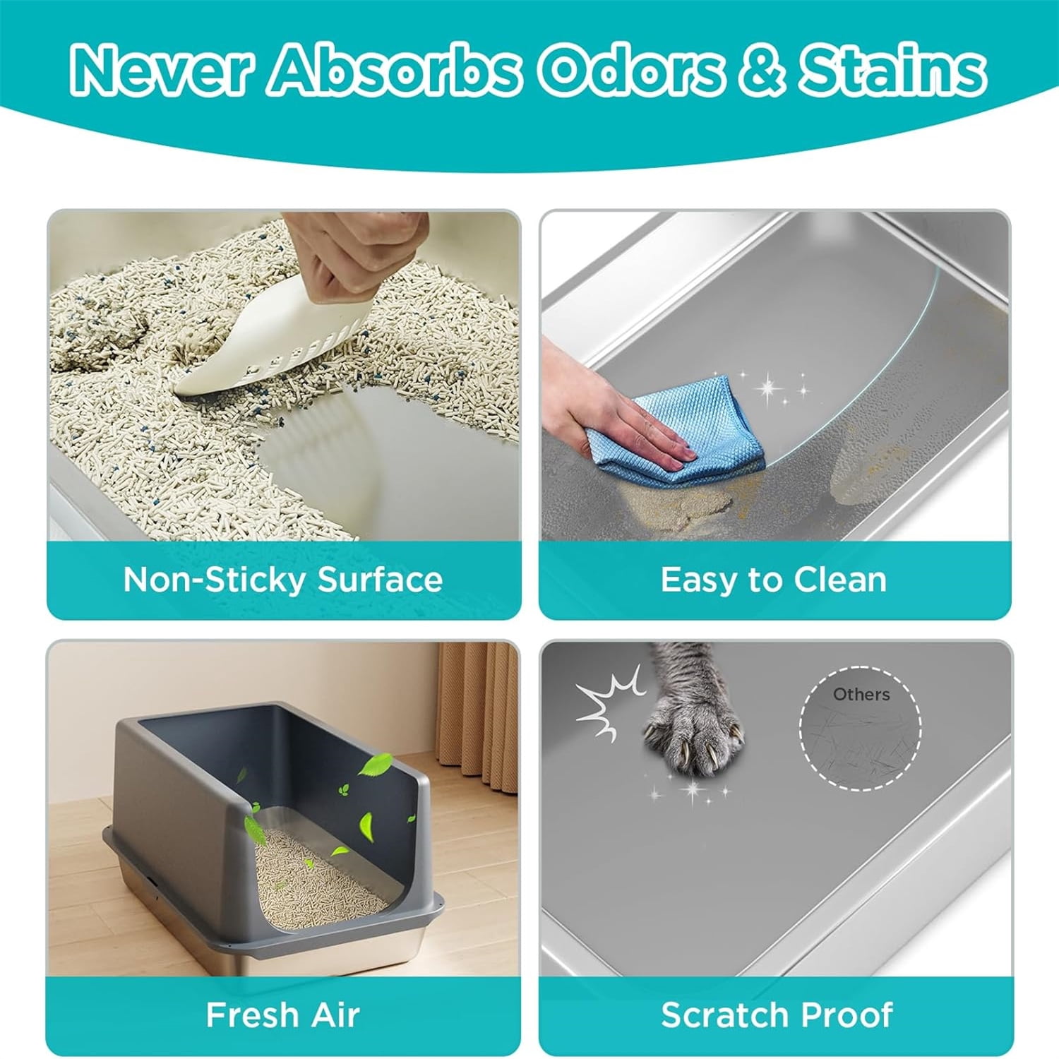 Stainless Steel Litter Box with Lid, XL Metal Cat Box for Indoor Cats, Enclosure Cat Litter Pan for Large Cats, Non-Sticky Large Kitty Litter Box, Anti-Leakage, 23.5" X 15.5" X 16"
