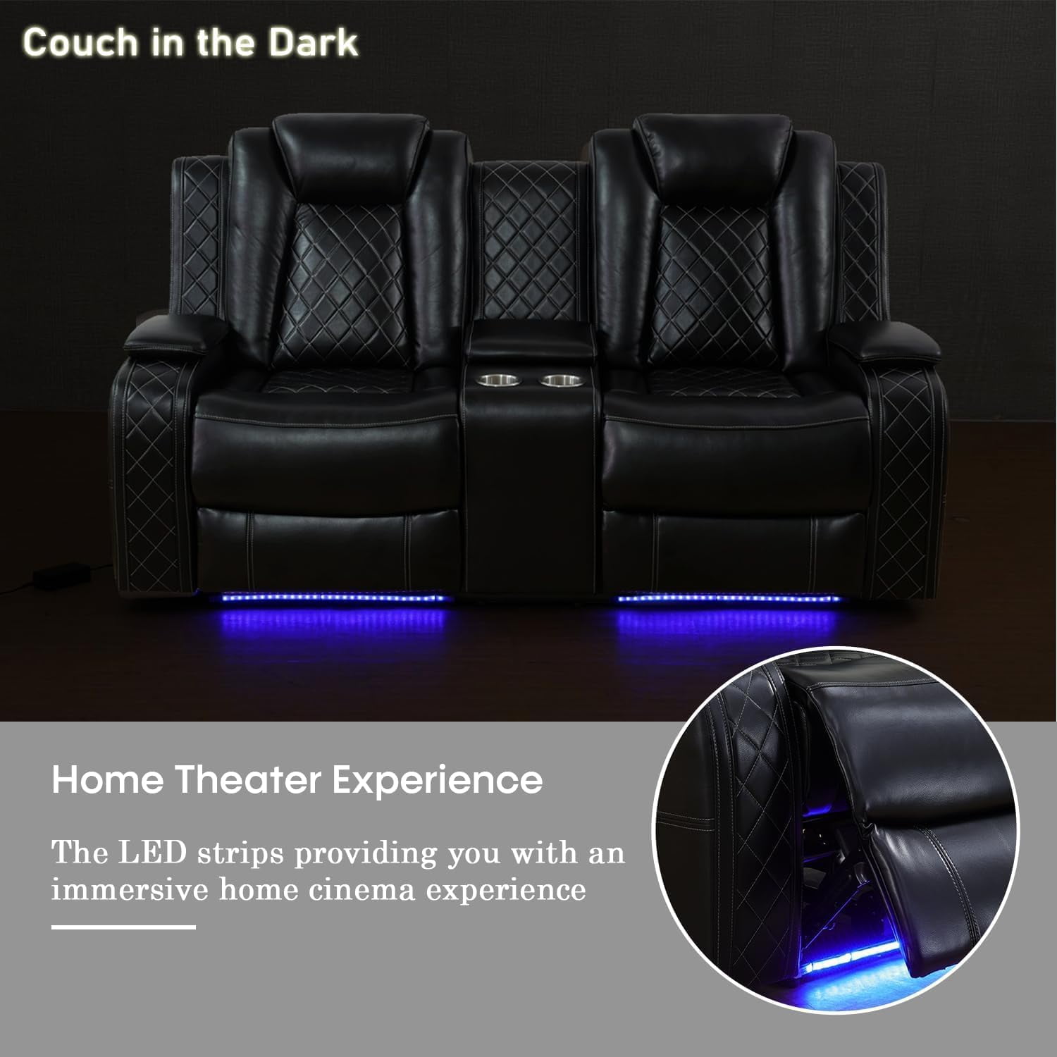 Air Leather Power Recliner Set with LED Lights, USB Port, Wireless Charger, Storage Console & Cup Holder for House, Home Theater & Apt, Black, Loveseat