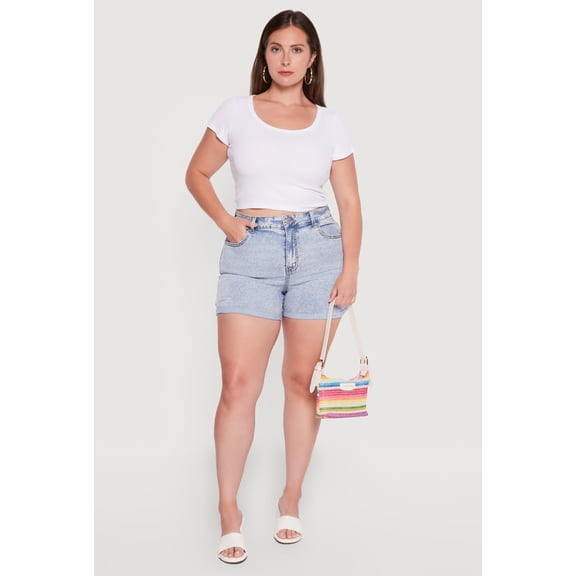 Women's Plus Size WAX Acid Wash Distressed Rolled Cuffed Shorts