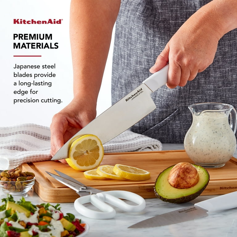 KitchenAid Classic Japanese Steel 12-Piece Knife Block Set with Built-in Knife Sharpener, White