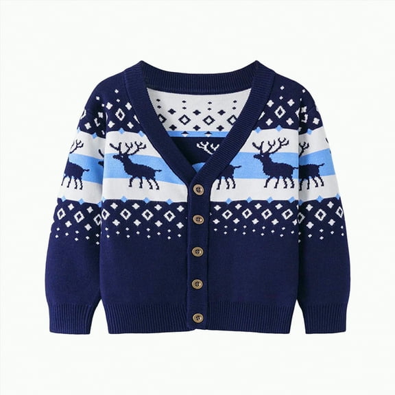 UngA Kids Christmas Cardigan Sweaters Xmas Reindeer Button Up Pullover Boys Girls Christmas Sweater (Blue,3-4 Years)