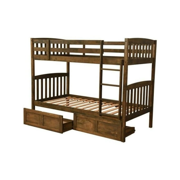 Claire Twin Wood Bunk Bed with Storage in Brown-Mattresses Not Included