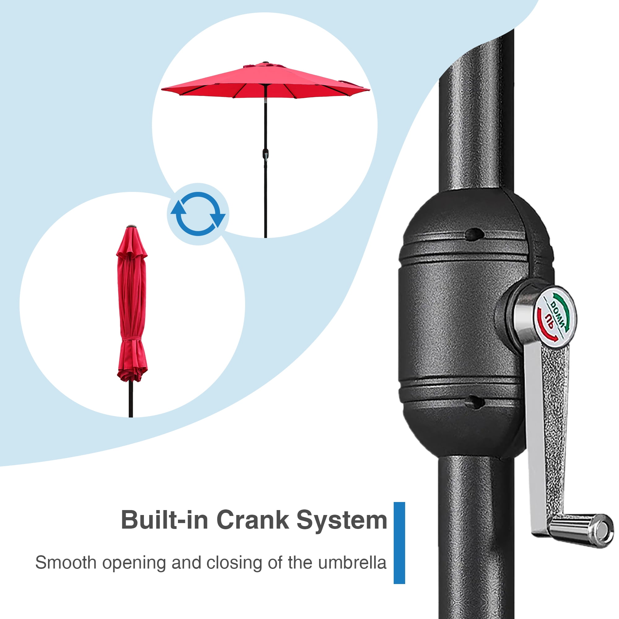 Abble Outdoor 9ft Patio Umbrella with Crank Handle and Push Button Tilt, Outdoor Market Umbrella with 8 Ribs for Garden, Deck, Backyard, Pool, Red