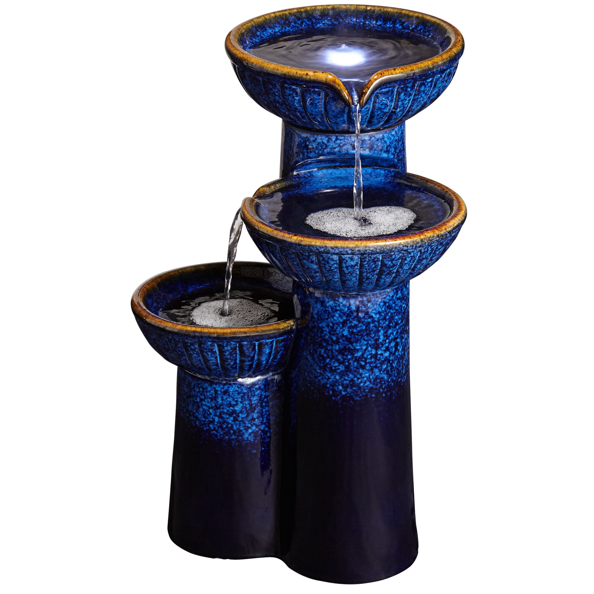3-Bowl 26 3/4" High Large Modern Outdoor Decor Blue Cobalt Ceramic Floor Fountain with Light LED Garden Patio