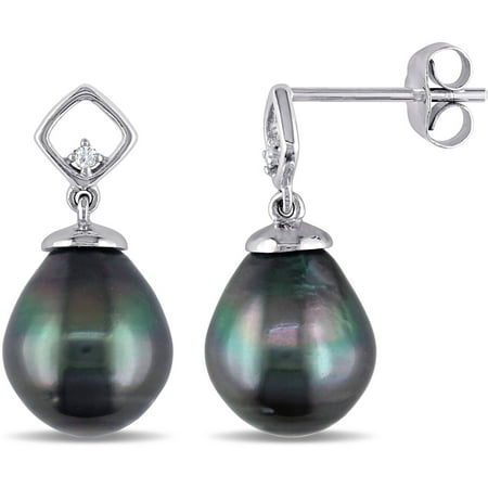8-8.5mm Black Drop Tahitian Pearl and Diamond-Accent 10kt White Gold Dangle Earrings