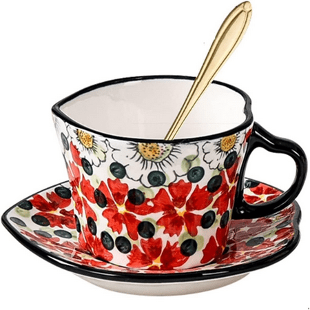 

GZHOUFDXINX Ceramic European Coffee Mug with Elegant Spoon and Saucer Set - Stylish Handle - Perfect for Household and Commercial Use in Office Kitchen - 200ml 7oz Capacity - Classy Color