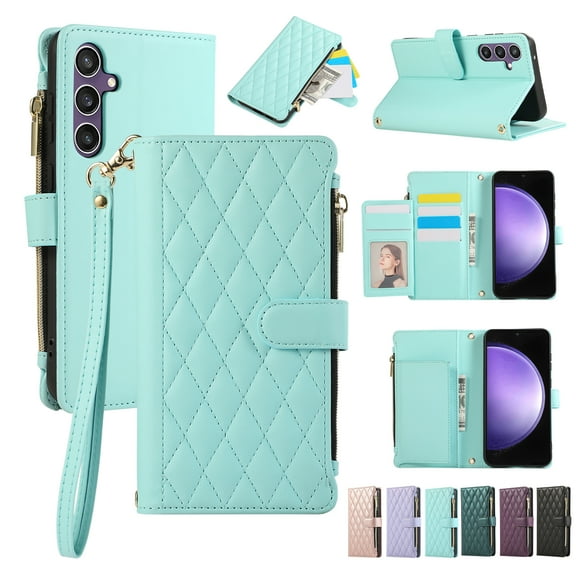 Allytechgroup Galaxy A32 5G Wallet Case with Cards Holder Zipper Pocket, RFID Blocking Hand Wrist Shoulder Strap Stylish Girls Women Phone Case for Samsung Galaxy A32 5G, Skyblue