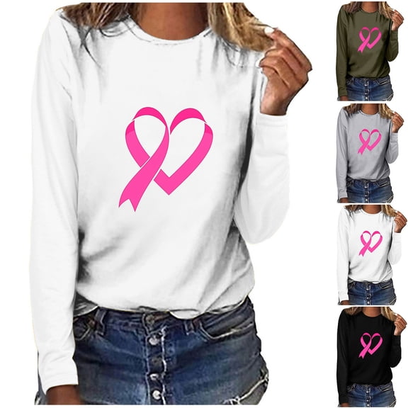 DIOAZUD Womens Breast Cancer Awareness Long Sleeve Shirts Crew Neck Pink Ribbon Print T-Shirts Lightweight Casual Tees