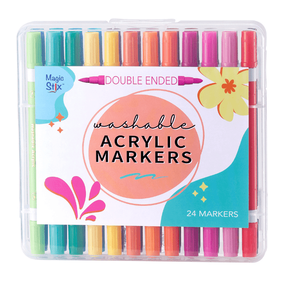 Double-Ended Washable Acrylic Markers for Kids, Dual Tip (Bullet & Fine), Multi-Surface, Non-Toxic, 24 Pack