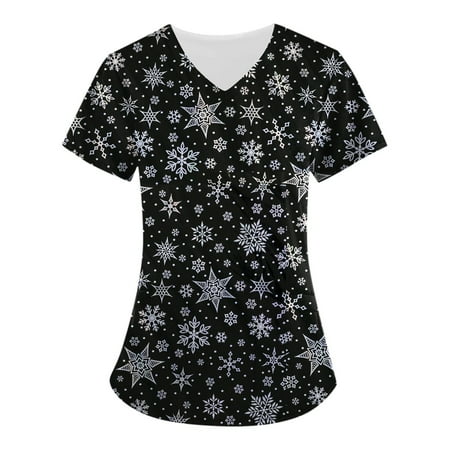 

Ovticza Scrub Uniforms for Women Christmas Snow Printed Nursing Uniforms Women s Scrub Tops Short Sleeve with Pockets V Neck Cute Fall Petite Scrub Blue XL
