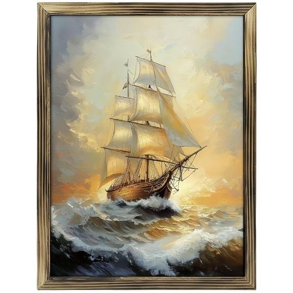 Art Prints Wall Art: Rustic Vintage Framed Wooden Art Prints Wall Art, Sailboat in The Sunset Retro Painting Pictures, Seascape Landscape Wall Art for Living Room, Office, Bedroom, Bathroo