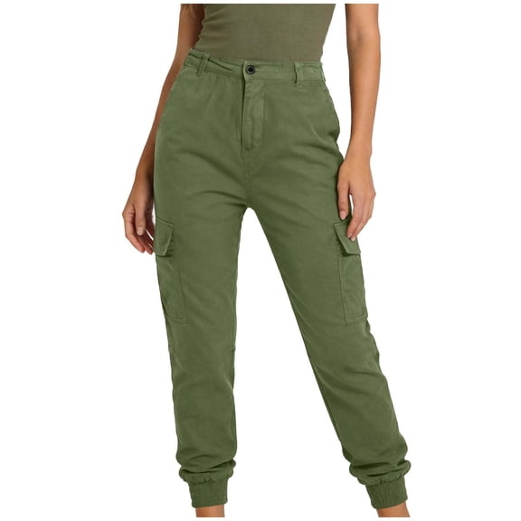 Inleife Women's Button Zip Cargo Joggers for Outdoor Hiking Elastic Waist Casual Clothes Pockets Long Pants with Tapered Leg & Cuffed Ankles