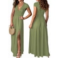thumbnail image 3 of Women'S Deep V Neck Solid Color Pleated High Waist Slit Club Party Evening Long Maxi Dress Yellow-Green M, 3 of 7