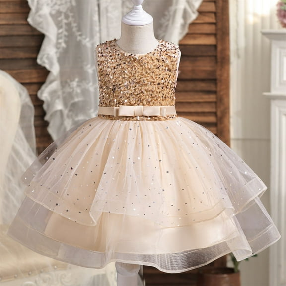 Spazoro Kids Girls Dress Skirts, Princess Pageant Party Birthday Wedding Sequin Bowknot Sleeveless Mesh Dresses for Child Girls Beige Size 4-5 T