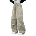 thumbnail image 3 of Yeaiivve Heart Cargo Pants for Boys Girls Loose Fit Straight Wide Leg Trousers Elastic High Waisted Work Pants Cotton Casual Hiking Pants with Pockets Khaki 170, 3 of 7