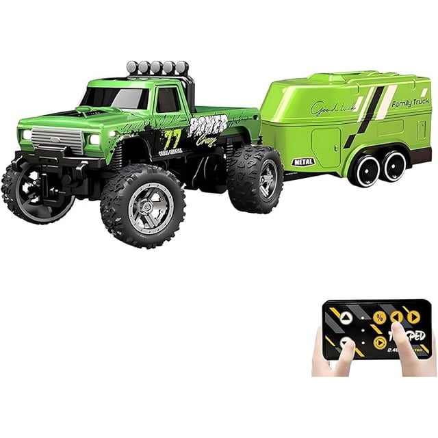 Mini RC Monster Truck, 1/64 Scale Rc Monster Truck, Rc Semi Trucks with Trailer & Remote Control, 3-Speed Speed/Steering Adjustable & Rechargeable