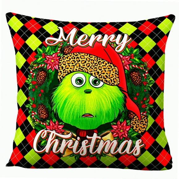 Housse de Coussin de Noël à Carreaux Buffalo - Guirlande Festive pour Salon et Chambre - Décor Vert Noir Rouge Grinch - Tissu en Coton Lin - Accent Canapé Lit - Sans Insert