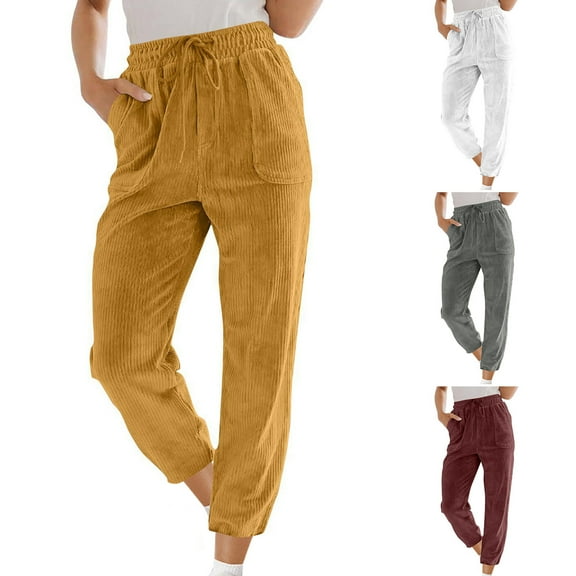 jtjvou Corduroy Pants for Women Elastic High Waist Pull On Straight Leg Slacks Casual Fall Trousers with Pockets Gold L