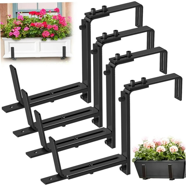 SURJDE Window Box Brackets, Planter Box Brackets 4Pcs Heavy Duty Adjustable Bracket Solid Metal Window Box Brackets for Railing Wall Balcony Garden