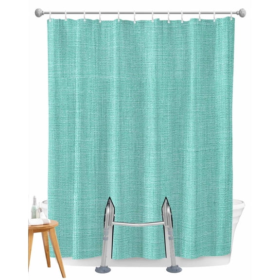 Split Shower Curtain for Transfer Bench, Turquoise Burlap Texture Fabric Shower Curtains for Bathroom, Farmhouse Vintage Aqua Tub Sliding Transfer Bench Waterproof Bath Curtains 72"x78"